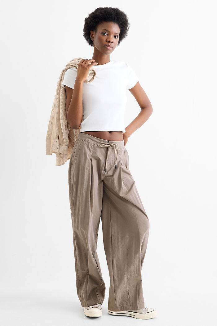 C&A Stoffhose-Mid Waist-Barrel Leg, Beige, Größe: 38