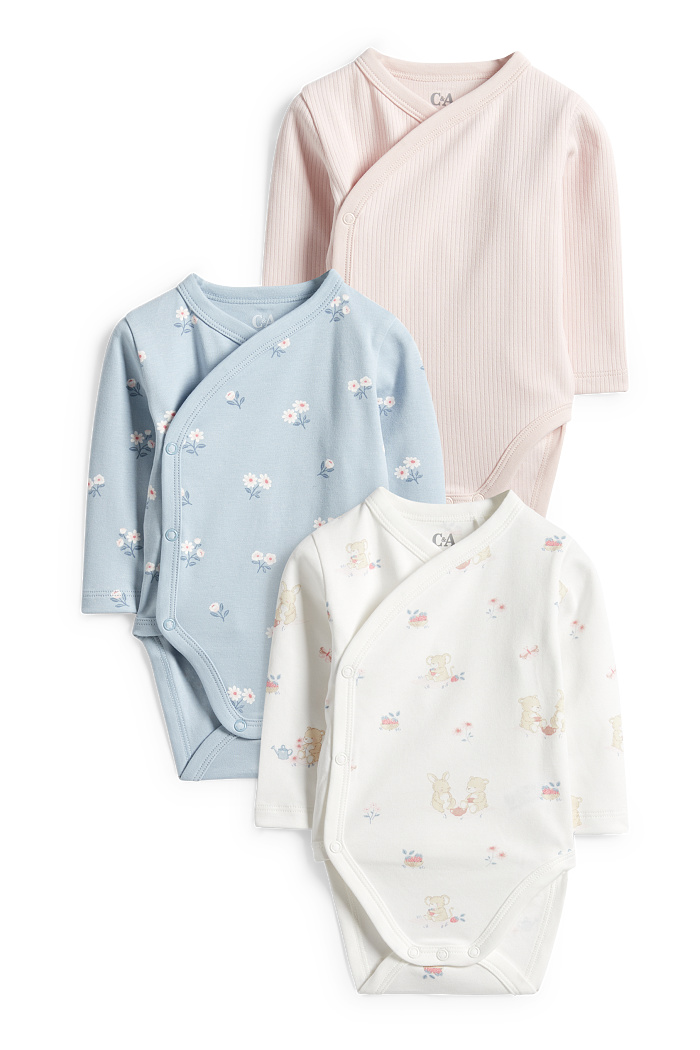 C&A Multipack 3er-Mäuschen und Blümchen-Baby-Wickelbody, Weiß, Größe: 50