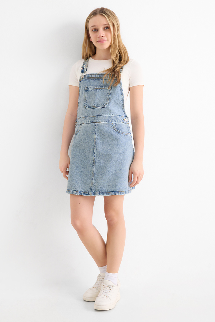 C&A Set-Kurzarmshirt und Jeans-Latzkleid-2 teilig, Grau, Größe: 128