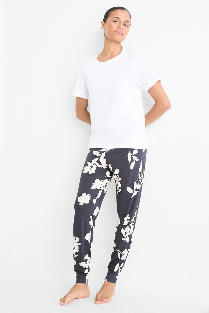 C&A Viskose-Pyjamahose-geblümt, Blau, Größe: XL