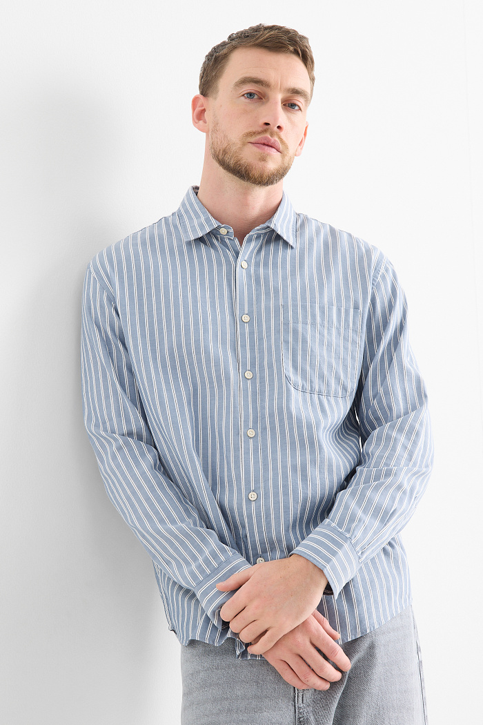 C&A Hemd-Relaxed Fit-Kent-gestreift, Blau, Größe: L