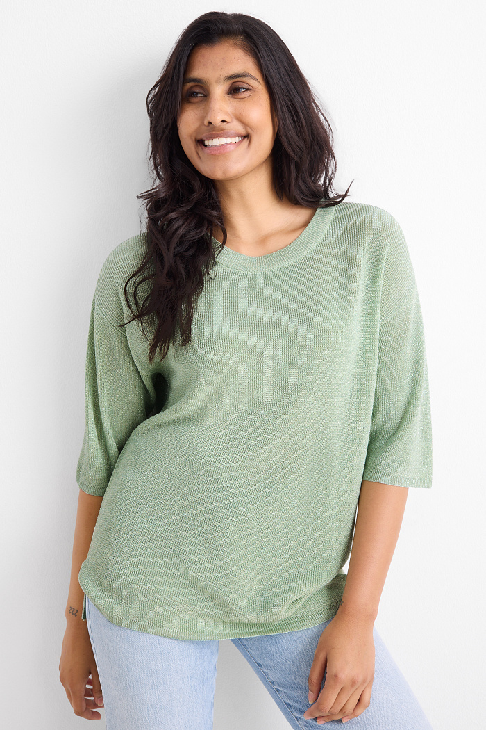 C&A Strickpullover-kurzarm-gerippt-Glanz-Effekt, Grün, Größe: XL
