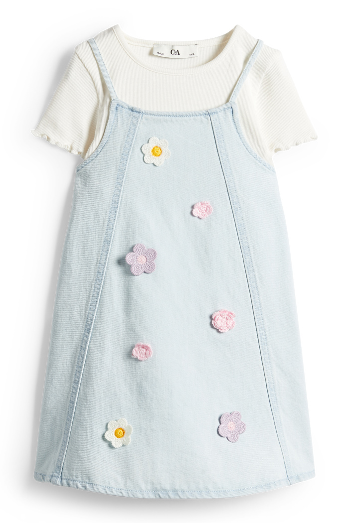 C&A Blume-Set-Kurzarmshirt und Jeanskleid-2 teilig, Blau, Größe: 128