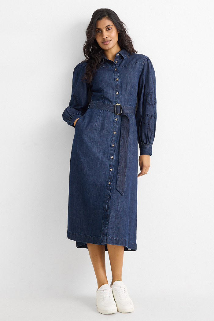 C&A Jeans-Blusenkleid mit Gürtel, Blau, Größe: XL