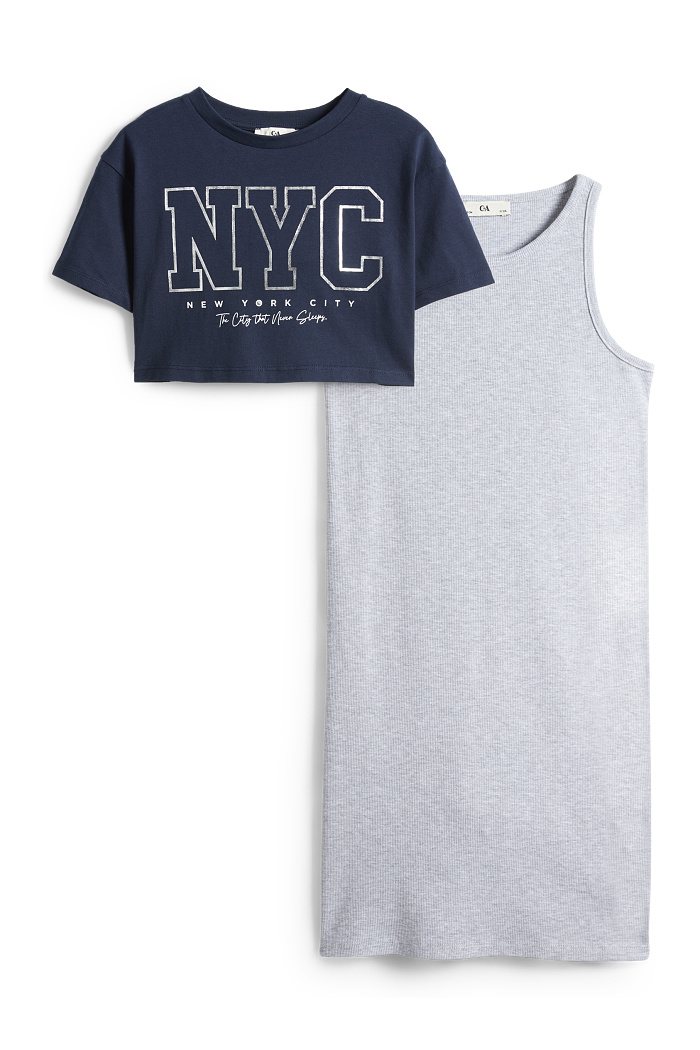 C&A NYC-Set-Kurzarmshirt und Kleid-2 teilig-Glanz-Effekt, Grau, Größe: 176