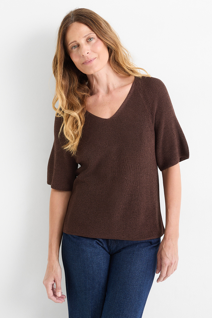 C&A Strickpullover-kurzarm-Glanz-Effekt, Braun, Größe: 2XL