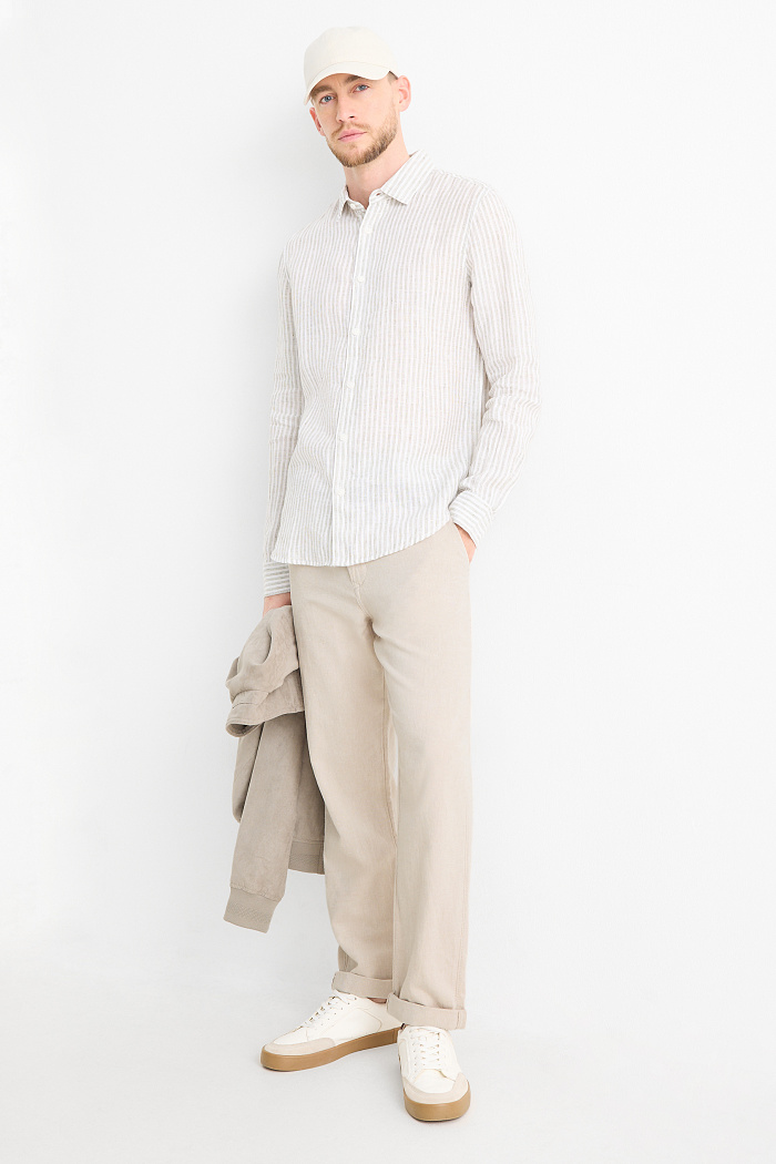 C&A Chino mit Leinen-Anteil und Gürtel-Regular Fit, Beige, Größe: W42 L32