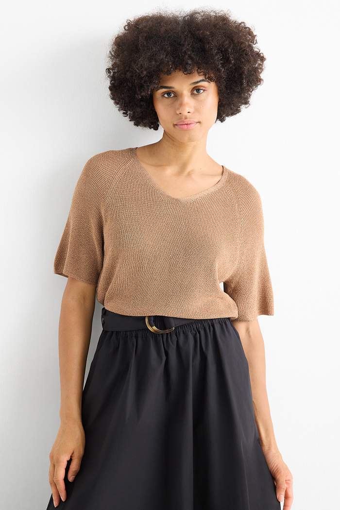 C&A Strickpullover-kurzarm-Glanz-Effekt, Beige, Größe: S