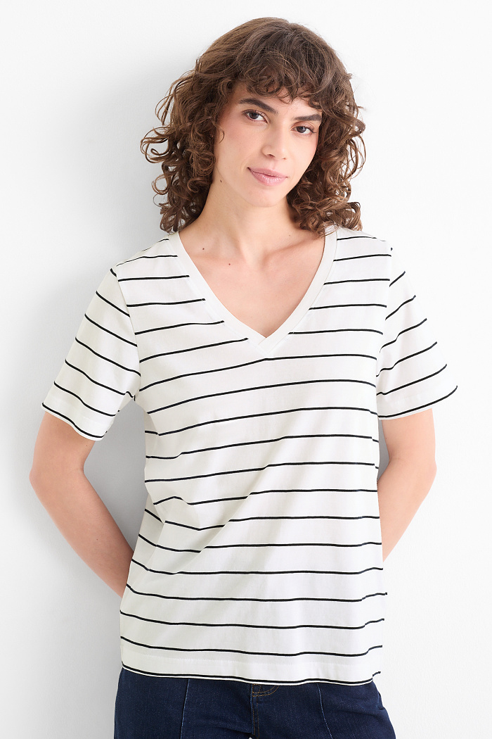 C&A T-Shirt mit V-Ausschnitt-Regular Fit-gestreift, Weiß, Größe: XS
