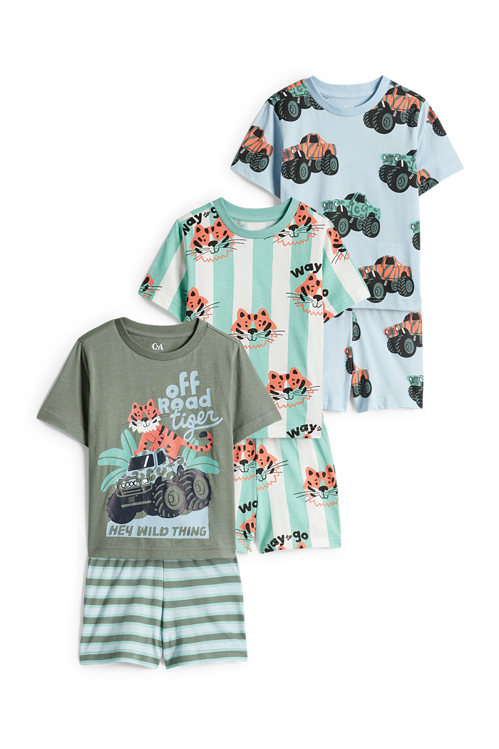 C&A Multipack 3er-Tiger und Geländewagen-Shorty-Pyjama, Grün, Größe: 128