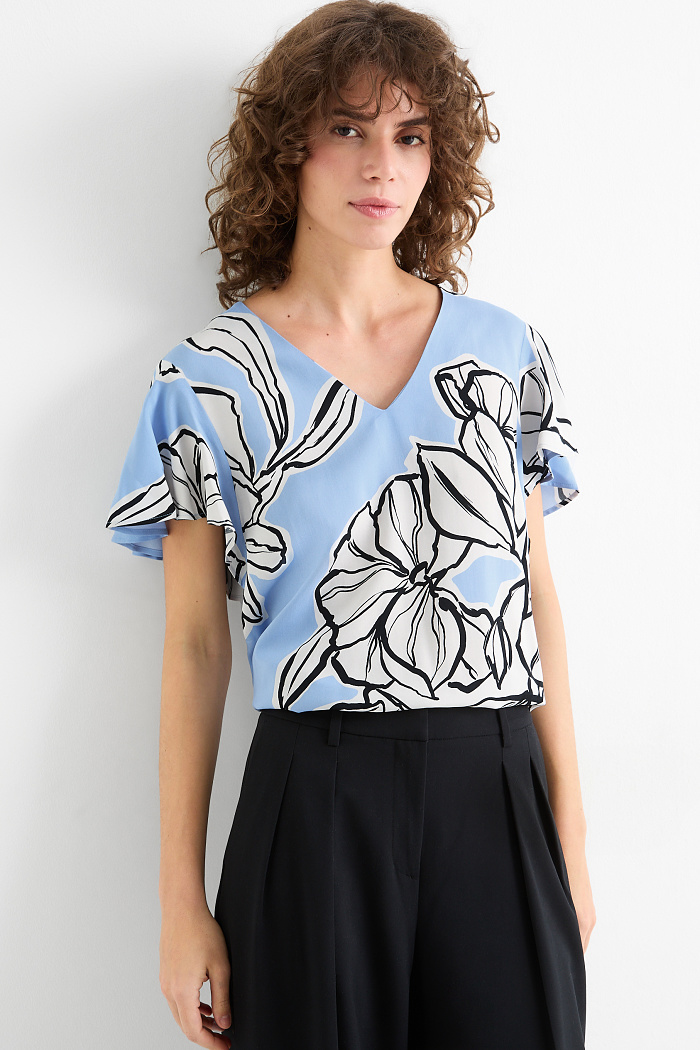 C&A Bluse mit V-Ausschnitt-geblümt, Blau, Größe: 42