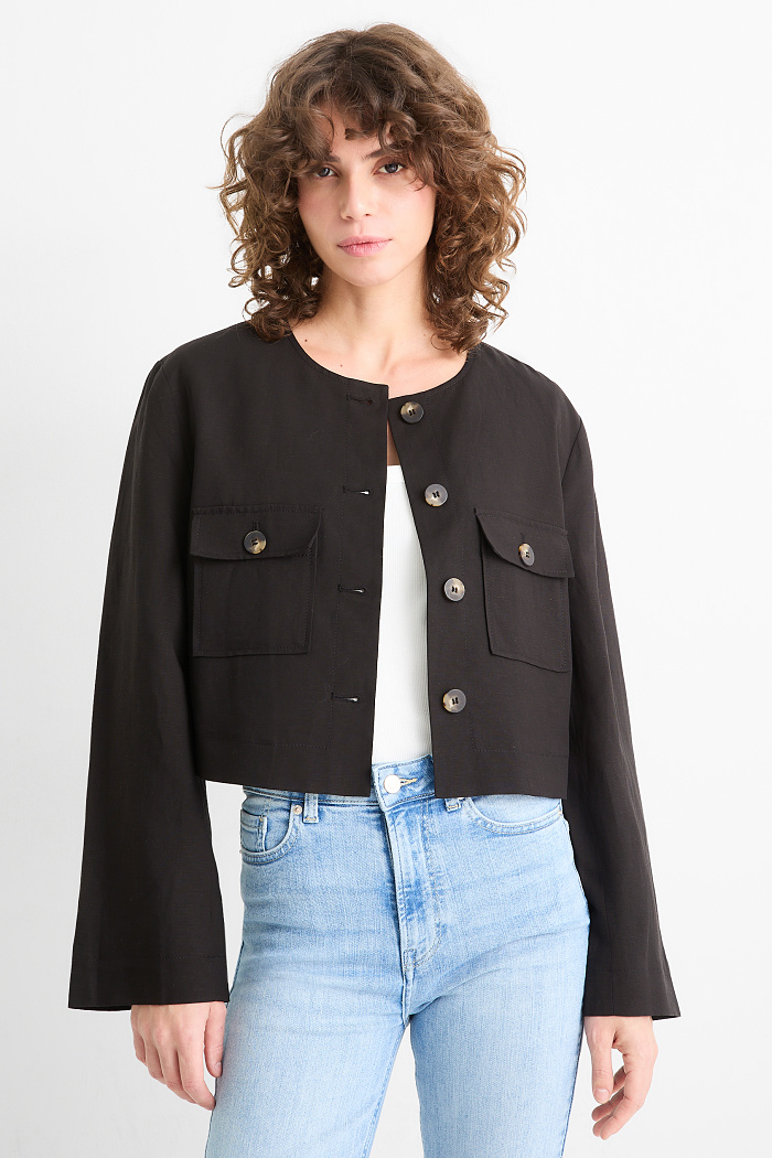 C&A Crop Blazer mit Leinen-Anteil-Slim Fit, Schwarz, Größe: 44