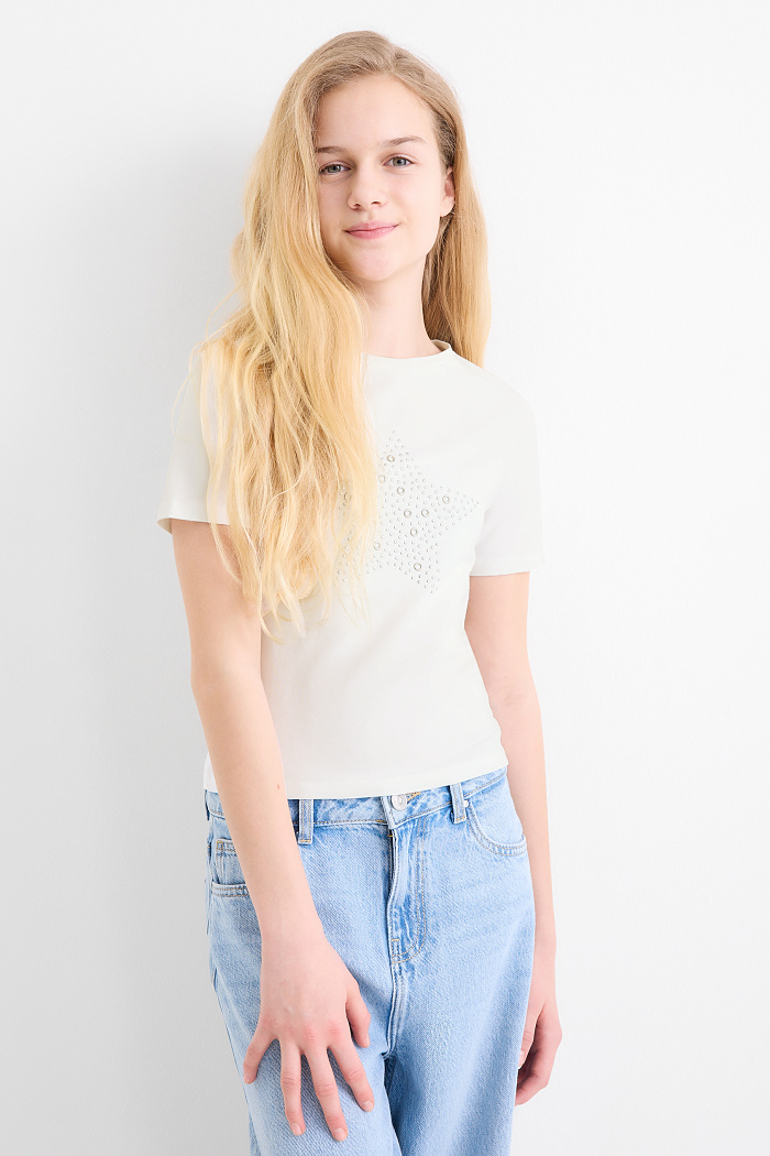 C&A Stern-Kurzarmshirt, Weiß, Größe: 176