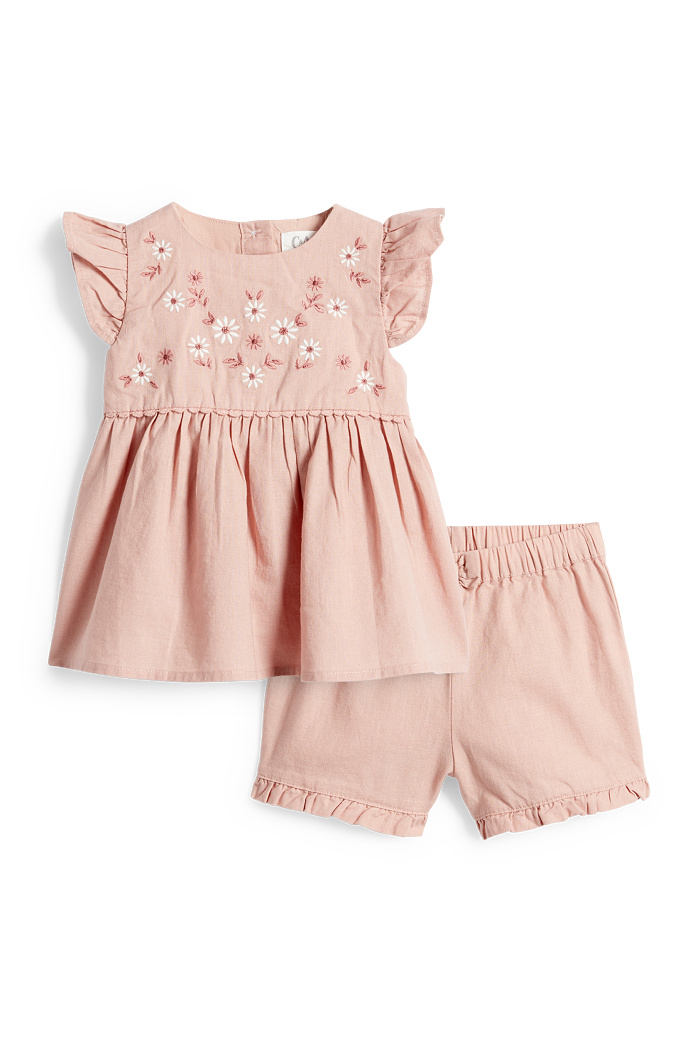 C&A Blümchen-Baby-Outfit mit Leinen-Anteil-2 teilig, Rosa, Größe: 68