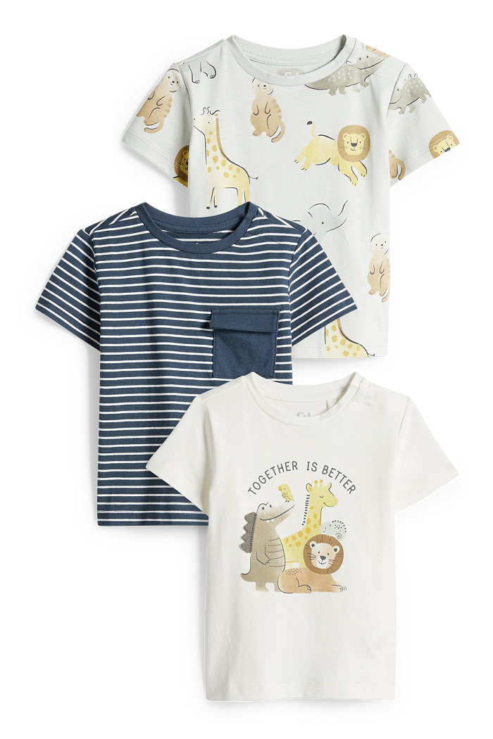 C&A Multipack 3er-Wildtiere-Baby-Kurzarmshirt, Blau, Größe: 104