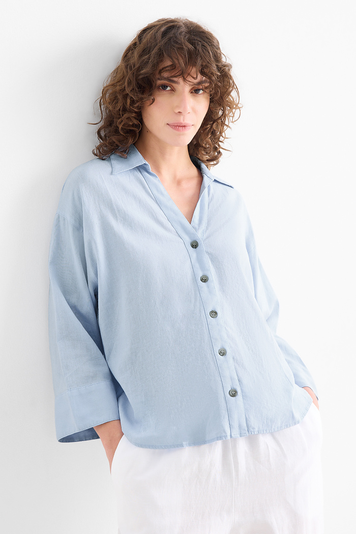 C&A Bluse mit V-Ausschnitt-Leinen-Mix, Blau, Größe: 46