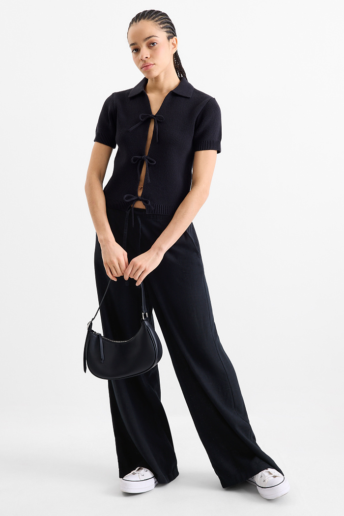 C&A Stoffhose mit Leinen-Anteil-High Waist-Wide Leg, Schwarz, Größe: 40