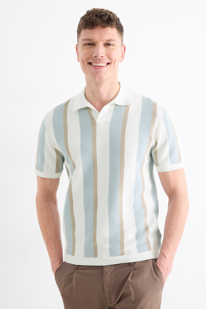 C&A Strick-Poloshirt-Regular Fit-gestreift-strukturiert, Beige, Größe: L