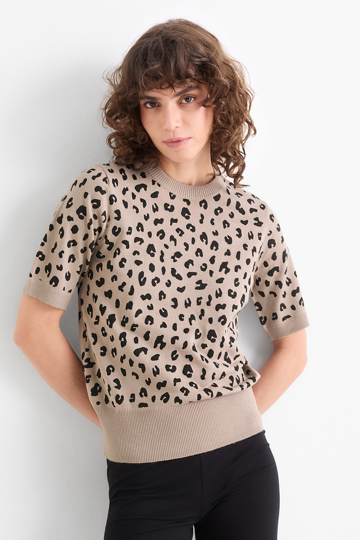 C&A Strickpullover-kurzarm-Leo-Print, Schwarz, Größe: L