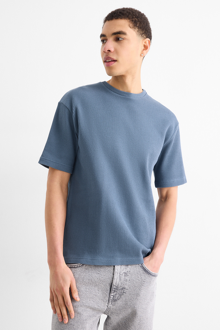 C&A Strick-T-Shirt-Relaxed Fit-gerippt, Blau, Größe: 2XL