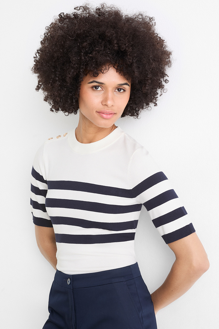 C&A Strickpullover-kurzarm-gestreift, Weiß, Größe: 2XL