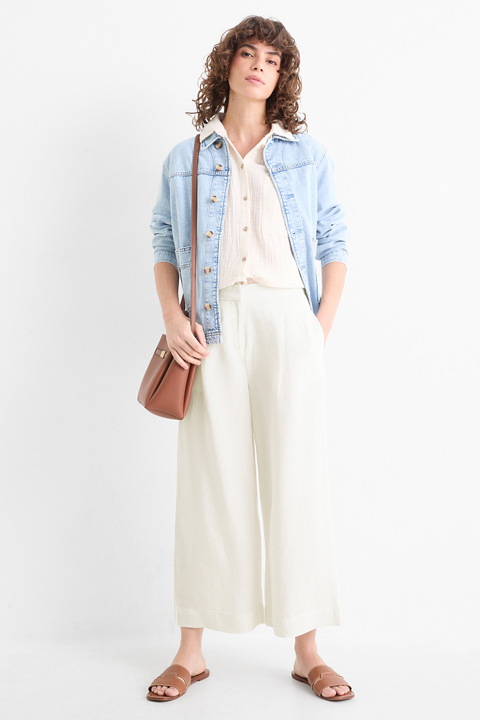 C&A Business-Hose mit Leinen-Anteil-High Waist-Wide Leg, Weiß, Größe: 36