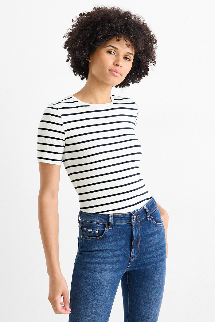 C&A T-Shirt-Slim Fit-gerippt-gestreift, Weiß, Größe: XL