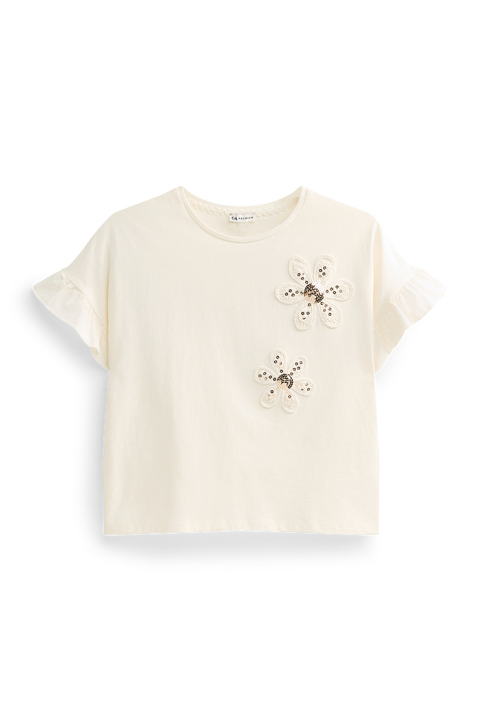 C&A Blume-Kurzarmshirt-Glanz-Effekt, Weiß, Größe: 152