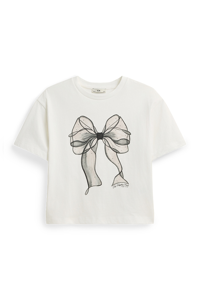 C&A Schleife-Kurzarmshirt mit Strasssteinen, Weiß, Größe: 146