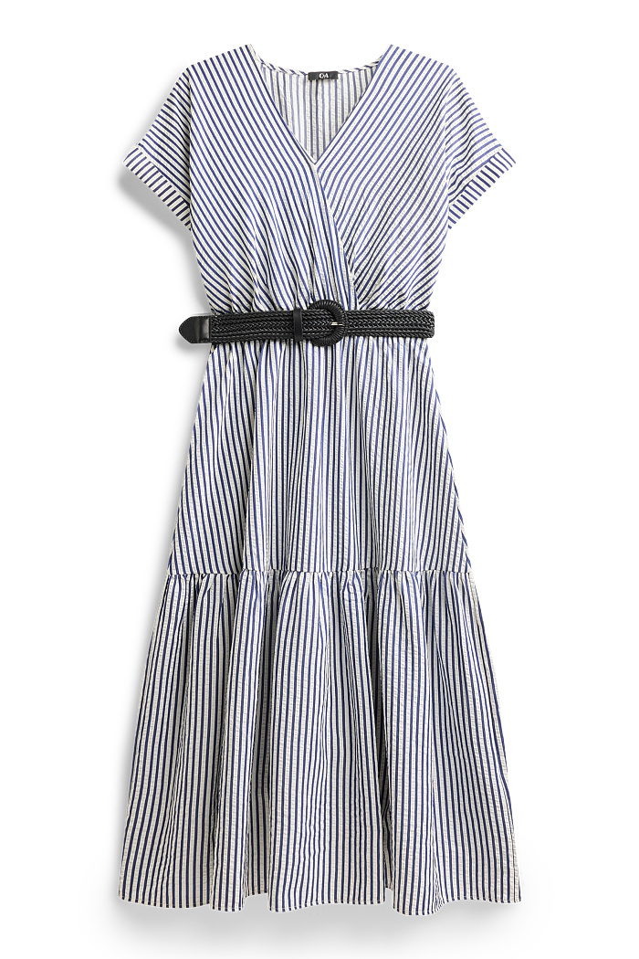 C&A Kleid mit Gürtel und V-Ausschnitt-gestreift, Blau, Größe: 48