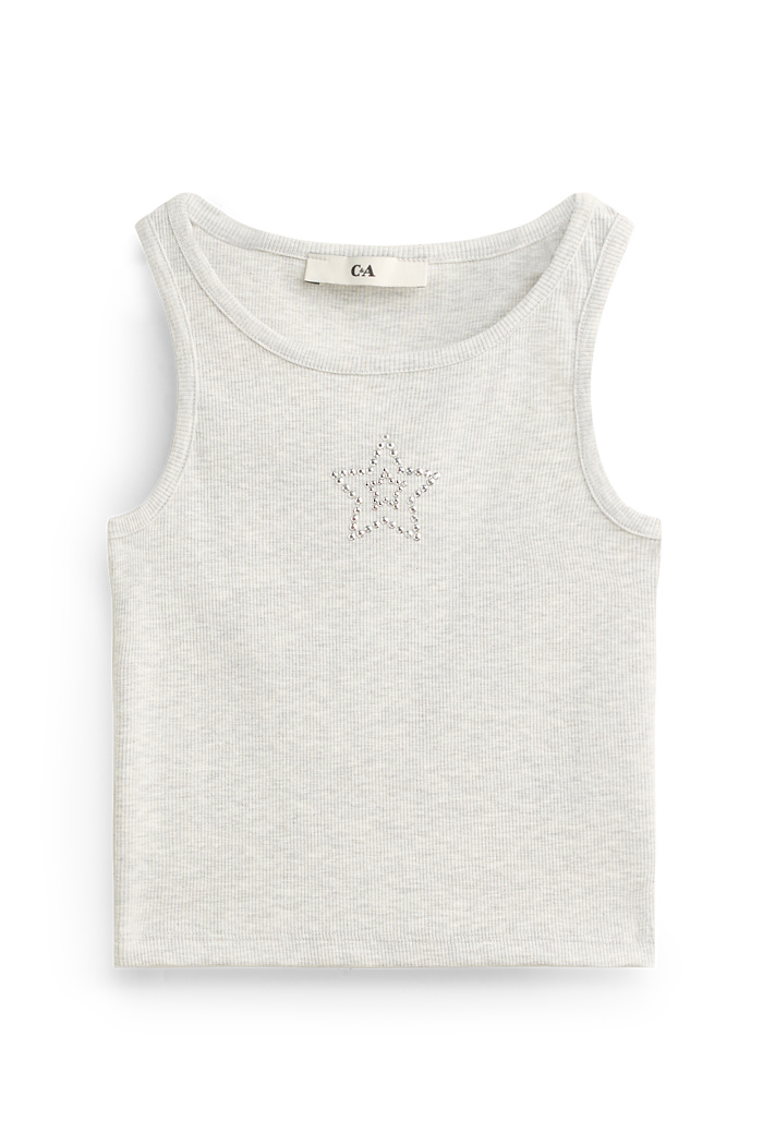 C&A Stern-Top mit Strasssteinen-gerippt, Grau, Größe: 128