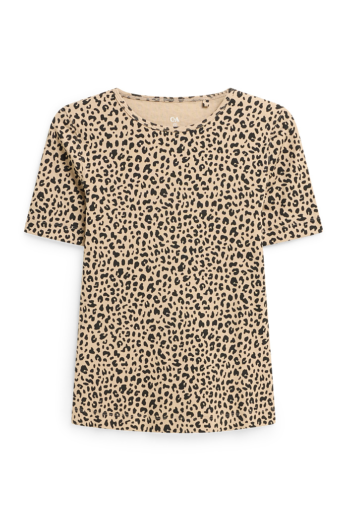 C&A T-Shirt-Slim Fit-gerippt-Leo-Print, Schwarz, Größe: L