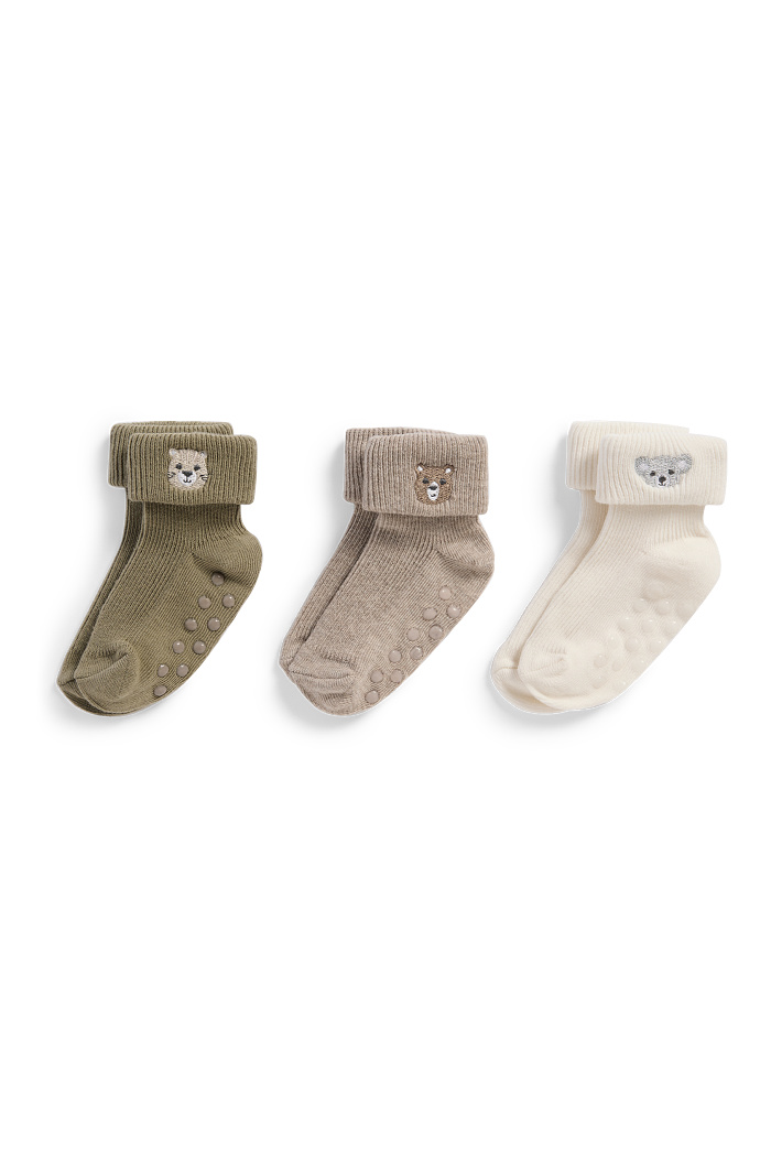 C&A Multipack 3er-Bärchen-Baby-Anti-Rutsch-Socken-gerippt, Braun, Größe: 18-20