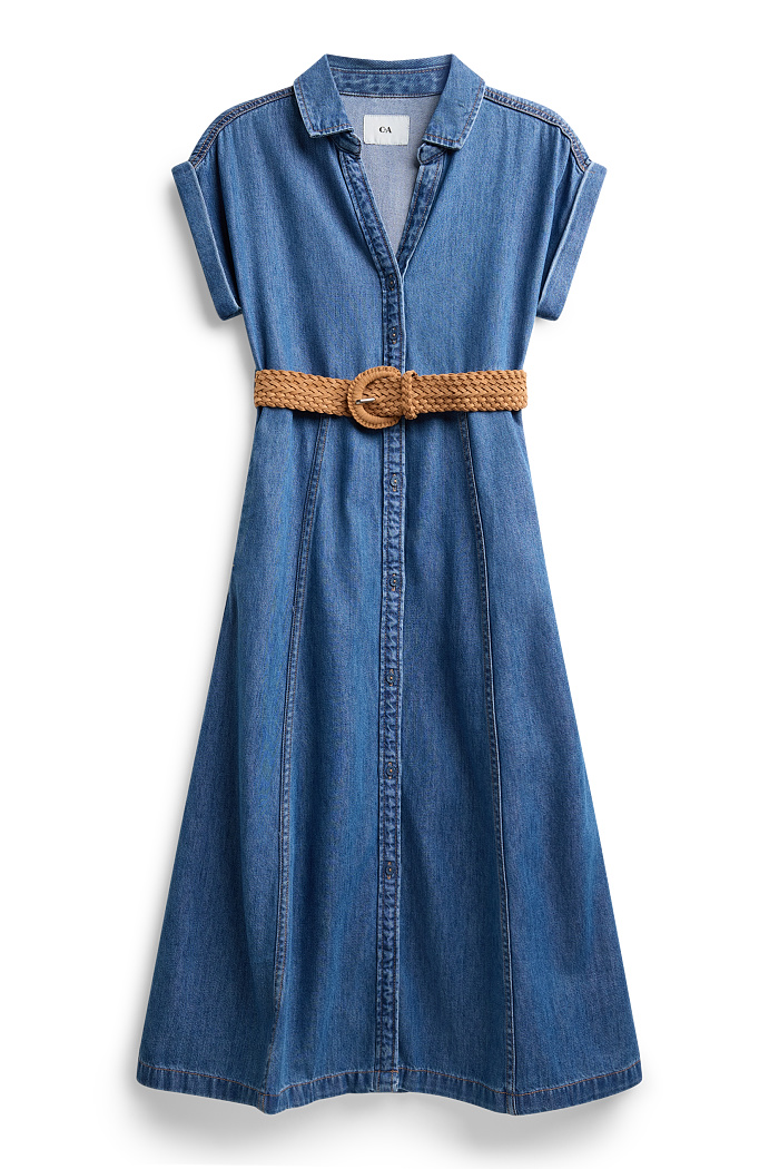 C&A Jeans-Blusenkleid mit V-Ausschnitt und Gürtel, Blau, Größe: XS