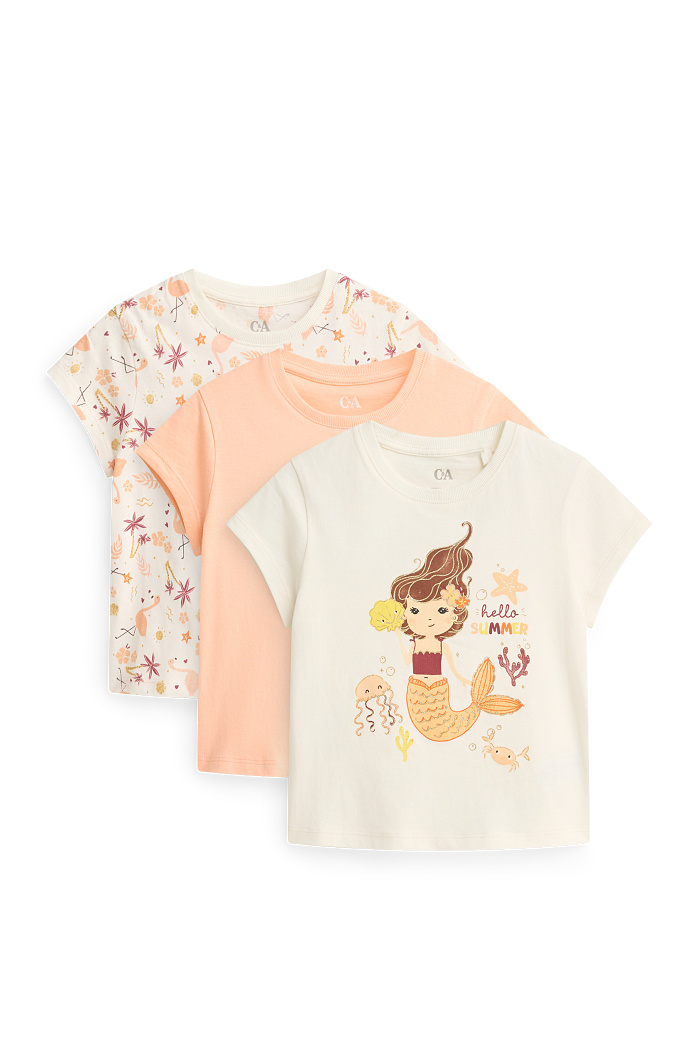 C&A Multipack 3er-Meerjungfrau und Flamingo-Kurzarmshirt, Weiß, Größe: 134