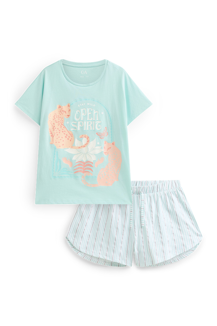 C&A Set-Leopard-Shorty-Pyjama-2 teilig, Türkis, Größe: 134