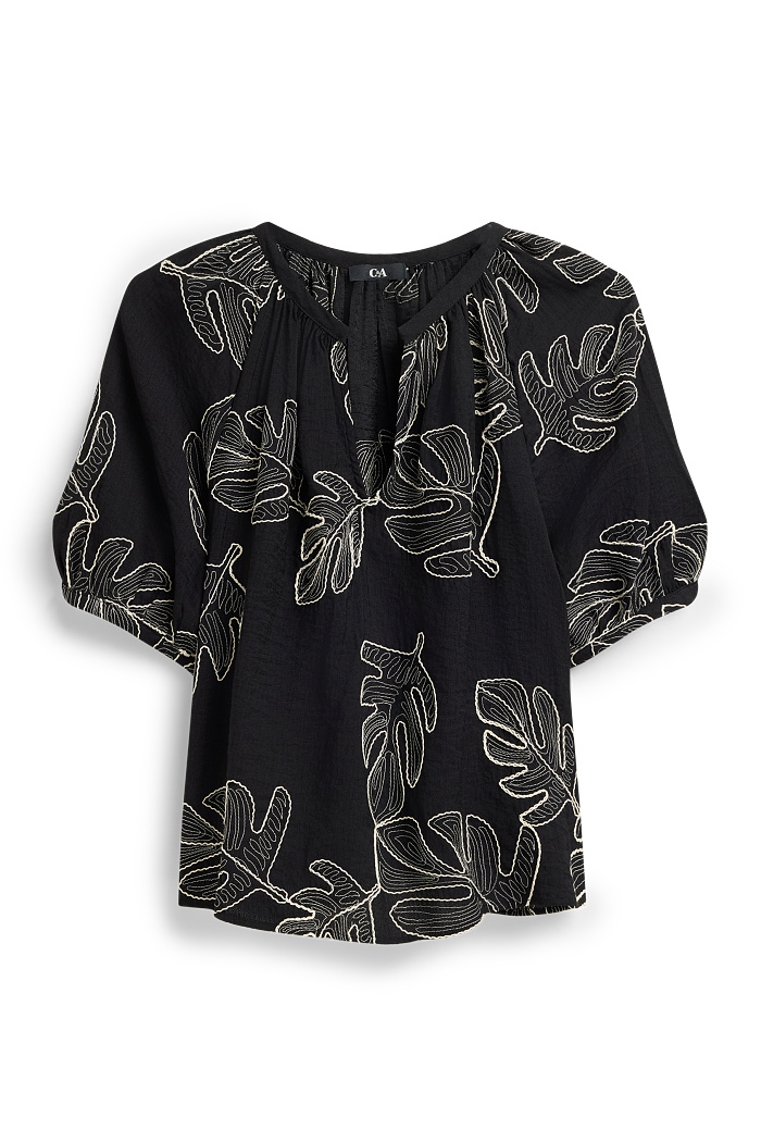 C&A Bluse mit V-Ausschnitt-gemustert, Schwarz, Größe: 46