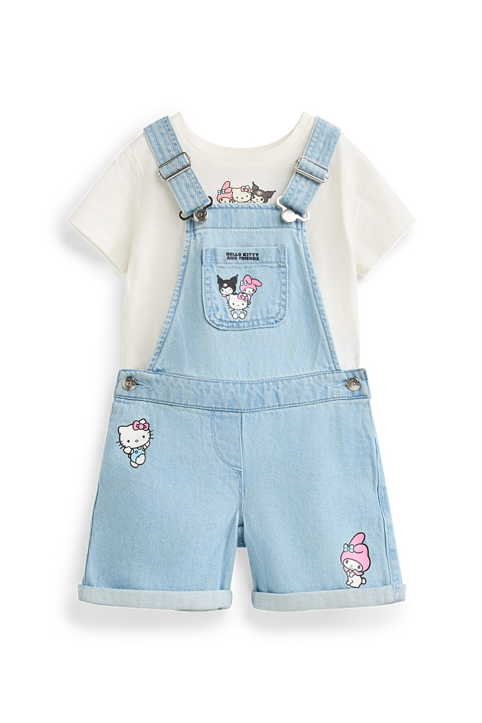 C&A Hello Kitty and Friends-Set-Kurzarmshirt und Jeans-Latzhose, Blau, Größe: 116