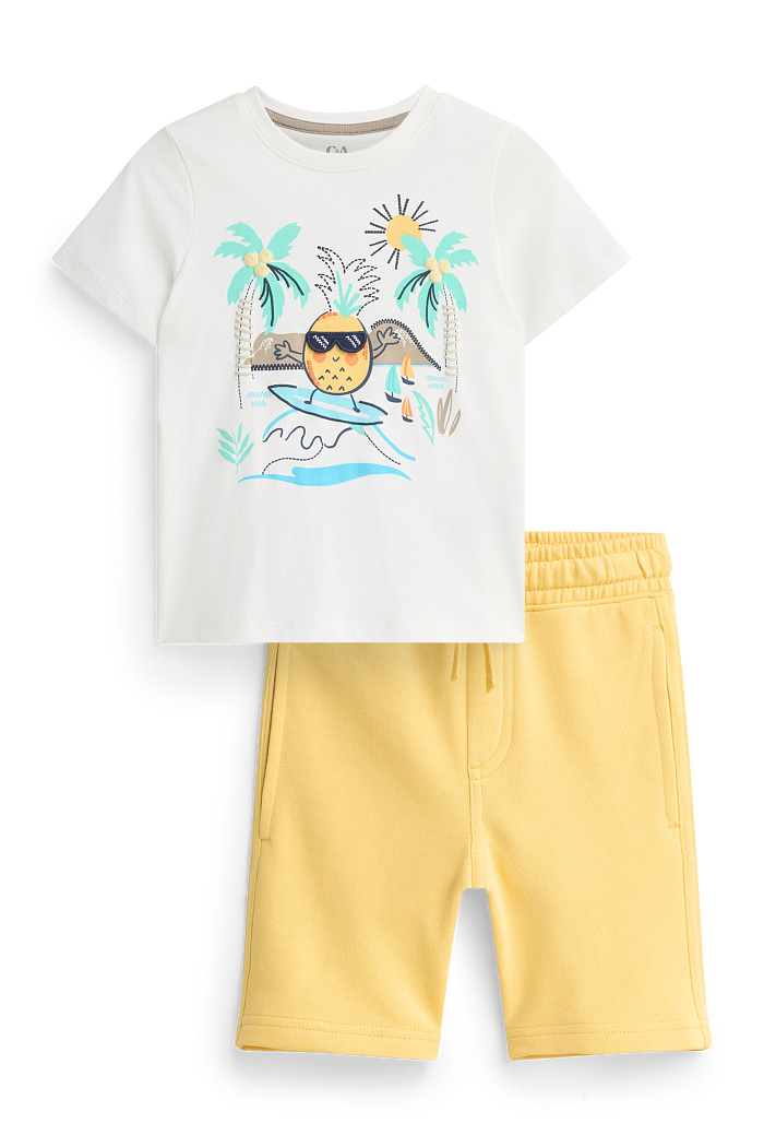 C&A Ananas und Palme-Set-Kurzarmshirt und Shorts-2 teilig, Weiß, Größe: 128