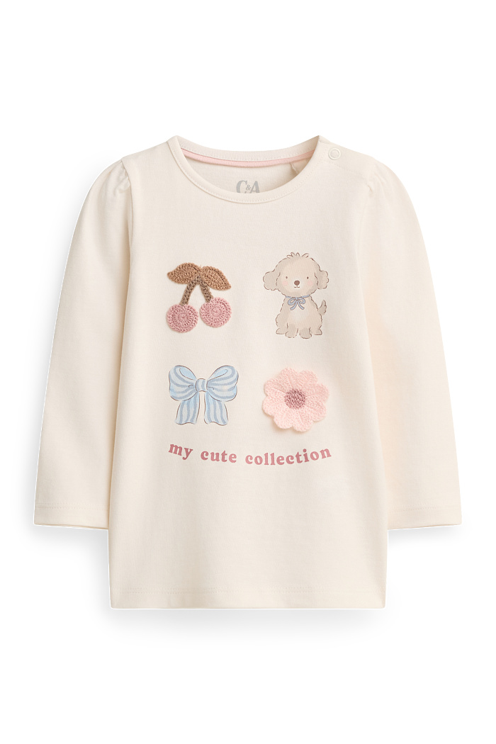 C&A Kirsche, Hündchen, Schleifchen, Blümchen-Baby-Langarmshirt, Weiß, Größe: 68
