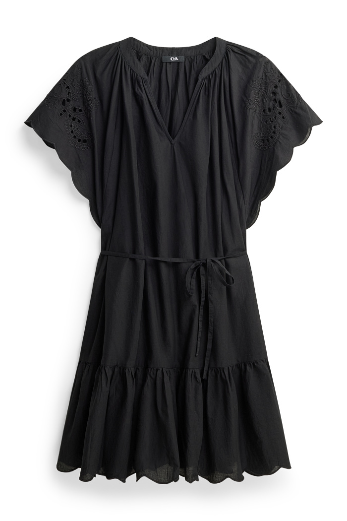 C&A A-Linien Kleid mit V-Ausschnitt-Broderie Anglaise, Schwarz, Größe: XL