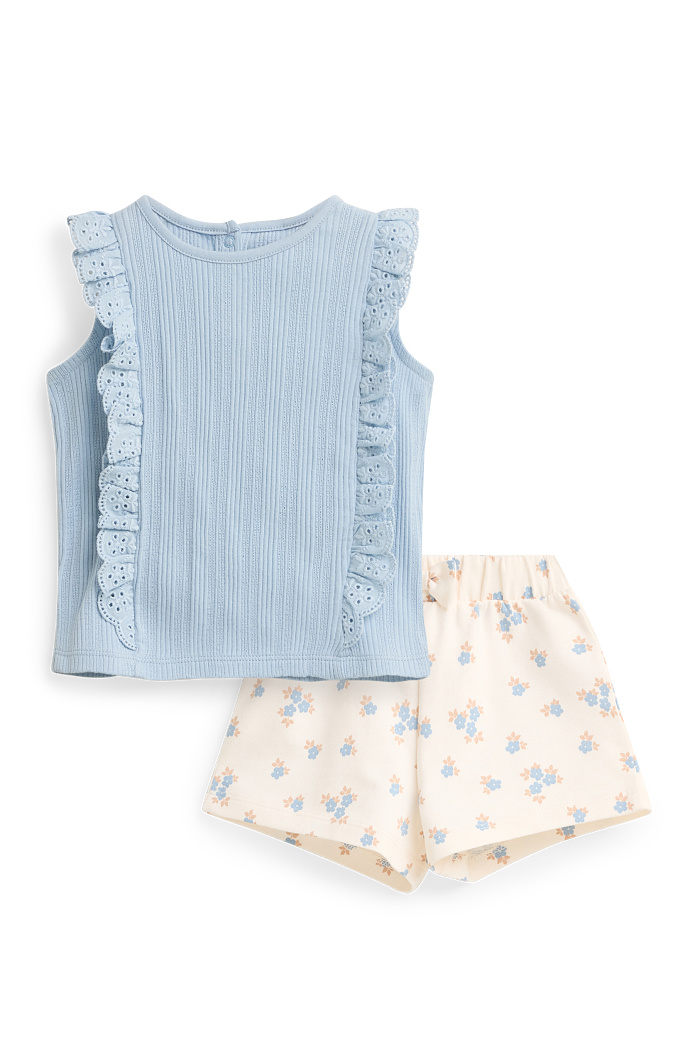 C&A Blümchen-Baby-Outfit-2 teilig-Broderie Anglaise, Blau, Größe: 68