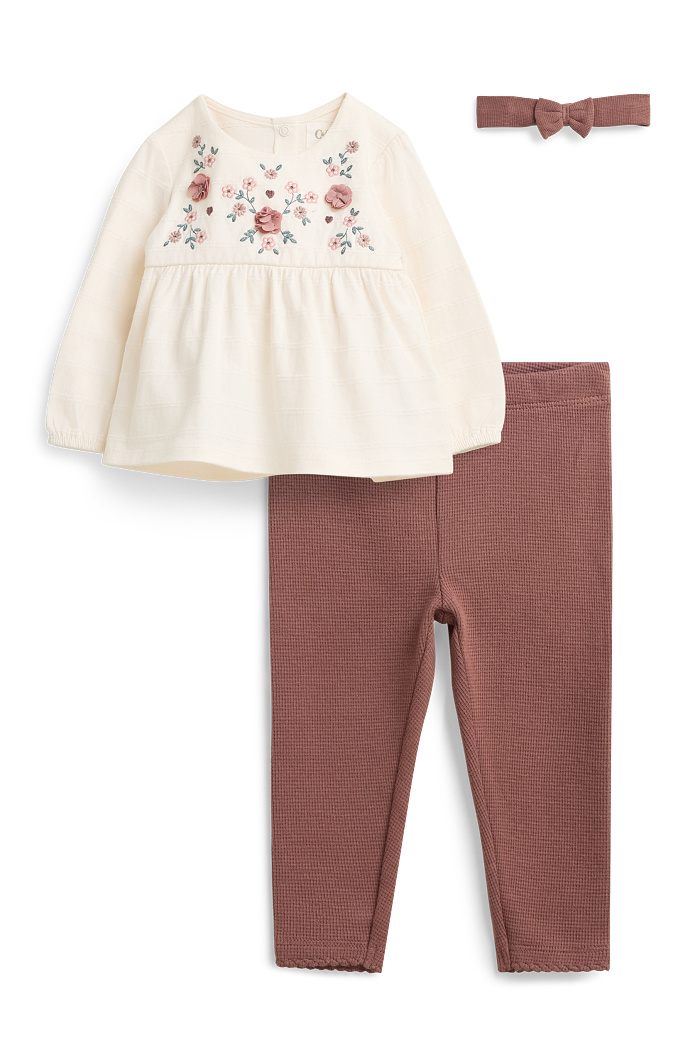 C&A Blümchen-Baby-Outfit-3 teilig, Braun, Größe: 74