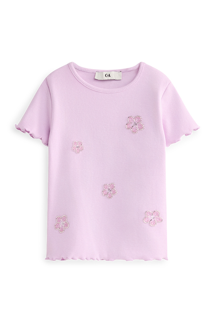 C&A Blümchen-Kurzarmshirt-gerippt, Lila, Größe: 128