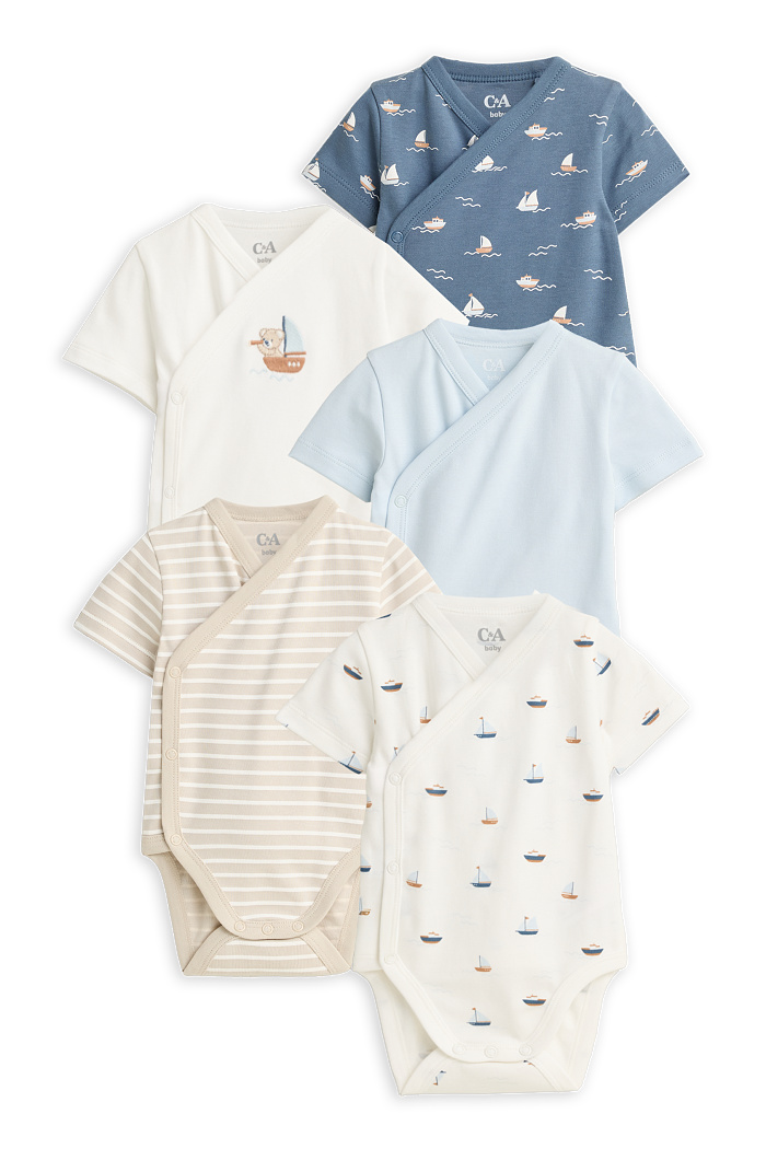 C&A Multipack 5er-Segelboot und Teddybär-Baby-Body, Blau, Größe: 80