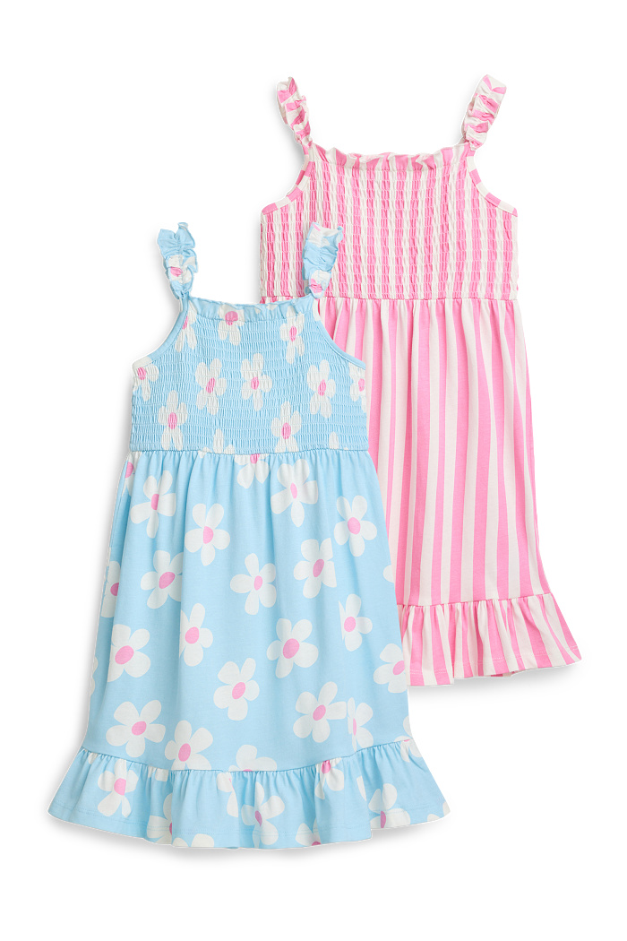 C&A Multipack 2er-Blume-Kleid-gesmokt, Blau, Größe: 110