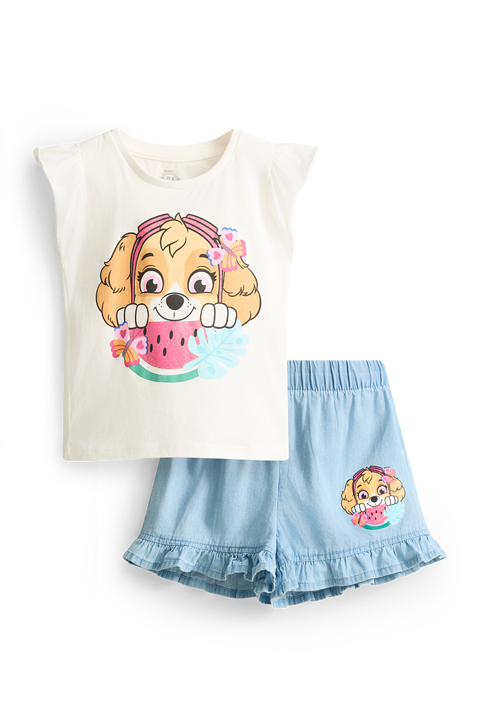 C&A PAW Patrol-Skye-Set-Kurzarmshirt und Shorts-Glanz-Effekt-2 teilig, Blau, Größe: 128