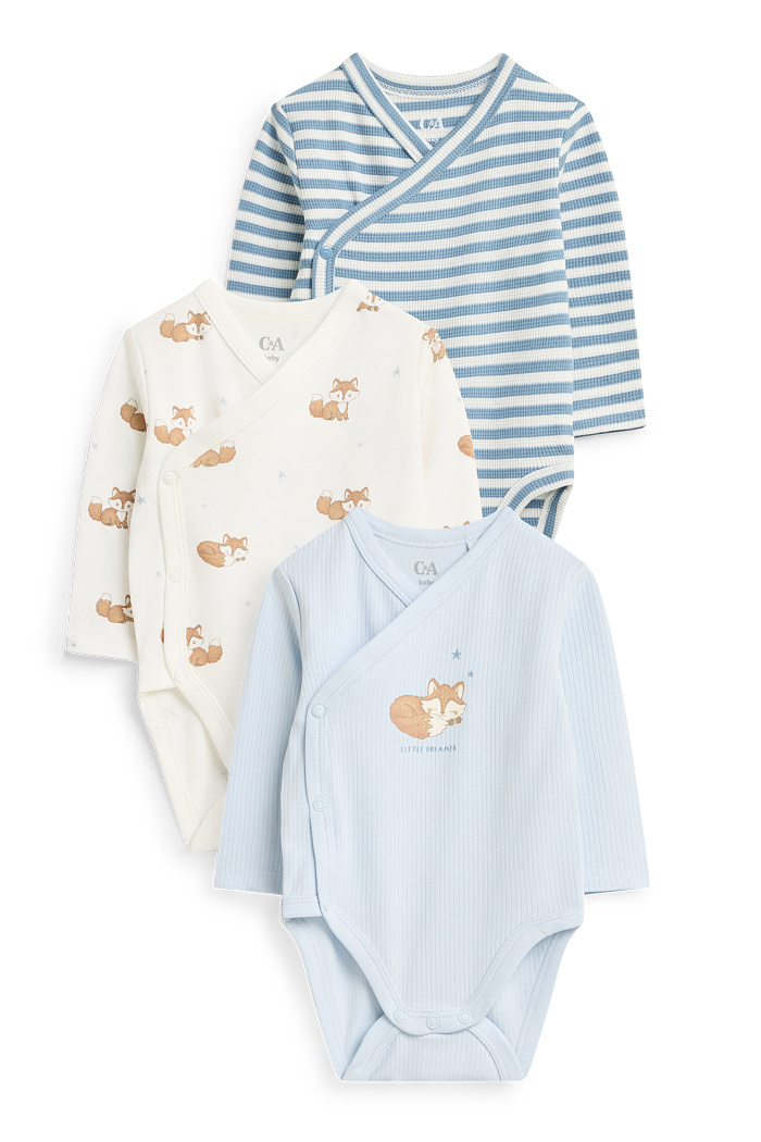 C&A Multipack 3er-Fuchs und Sternchen-Baby-Wickelbody, Blau, Größe: 74