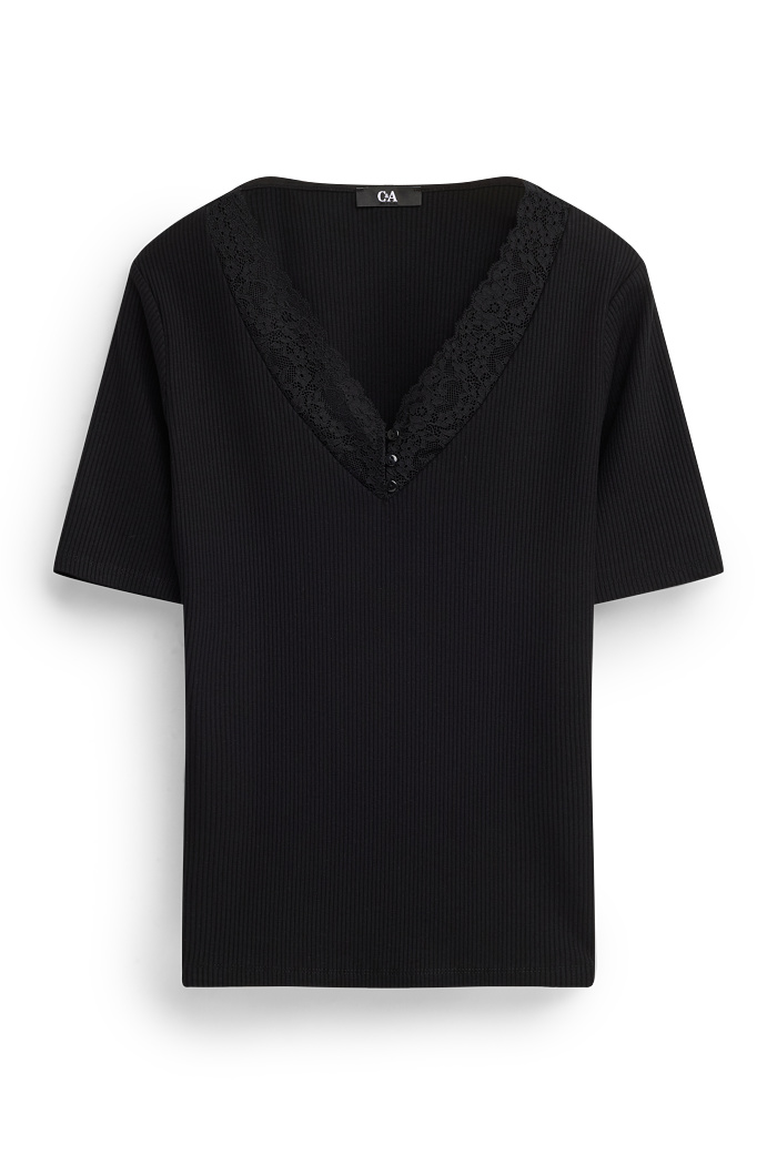 C&A T-Shirt mit V-Ausschnitt-Regular Fit-gerippt, Schwarz, Größe: L