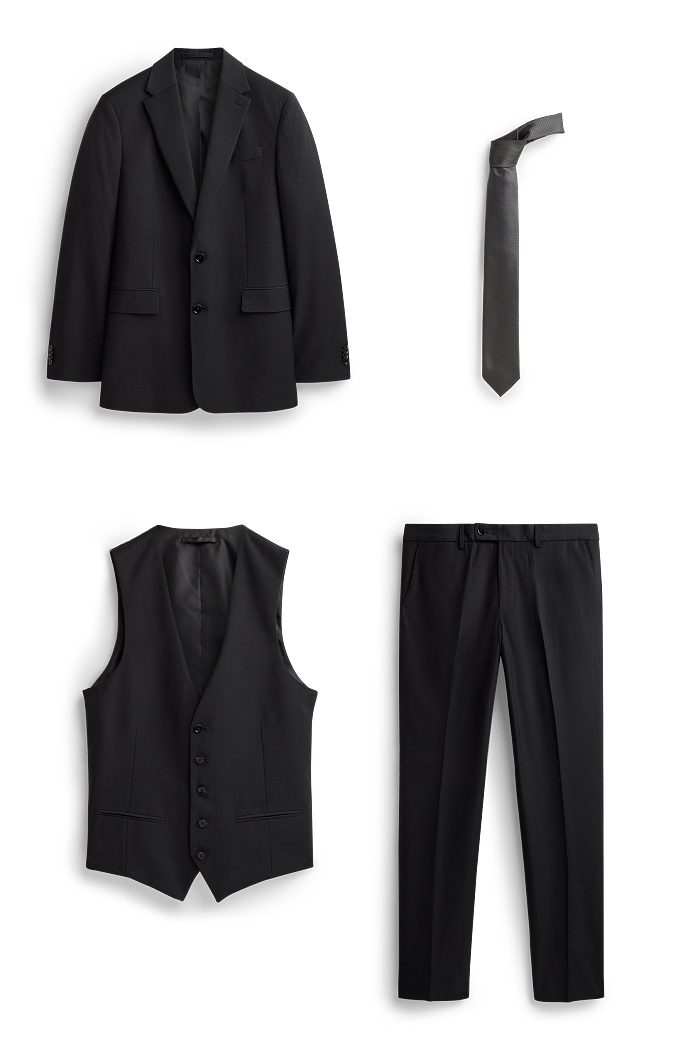 C&A Anzug mit Krawatte-Regular Fit-Stretch-4 teilig, Schwarz, Größe: 56